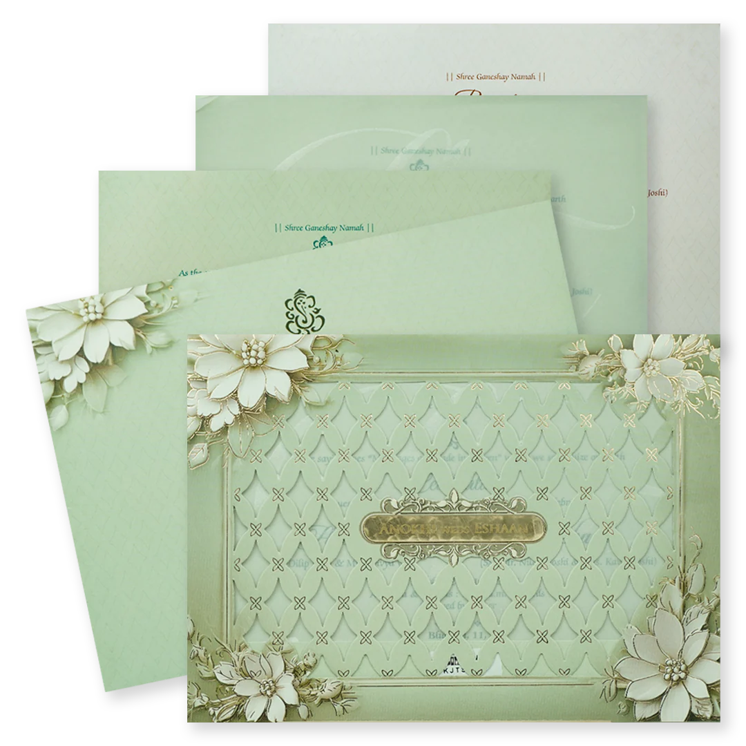 Mint Green Floral Laser Cut Padded Wedding Card-KJTS3680
