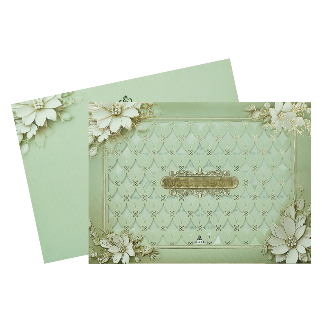 Mint Green Floral Laser Cut Padded Wedding Card-KJTS3680 - Image 2