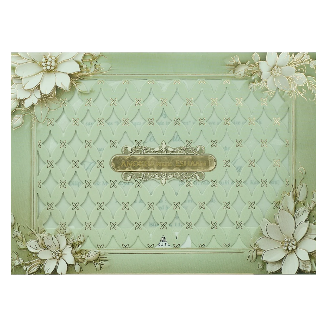 Mint Green Floral Laser Cut Padded Wedding Card-KJTS3680 - Image 3