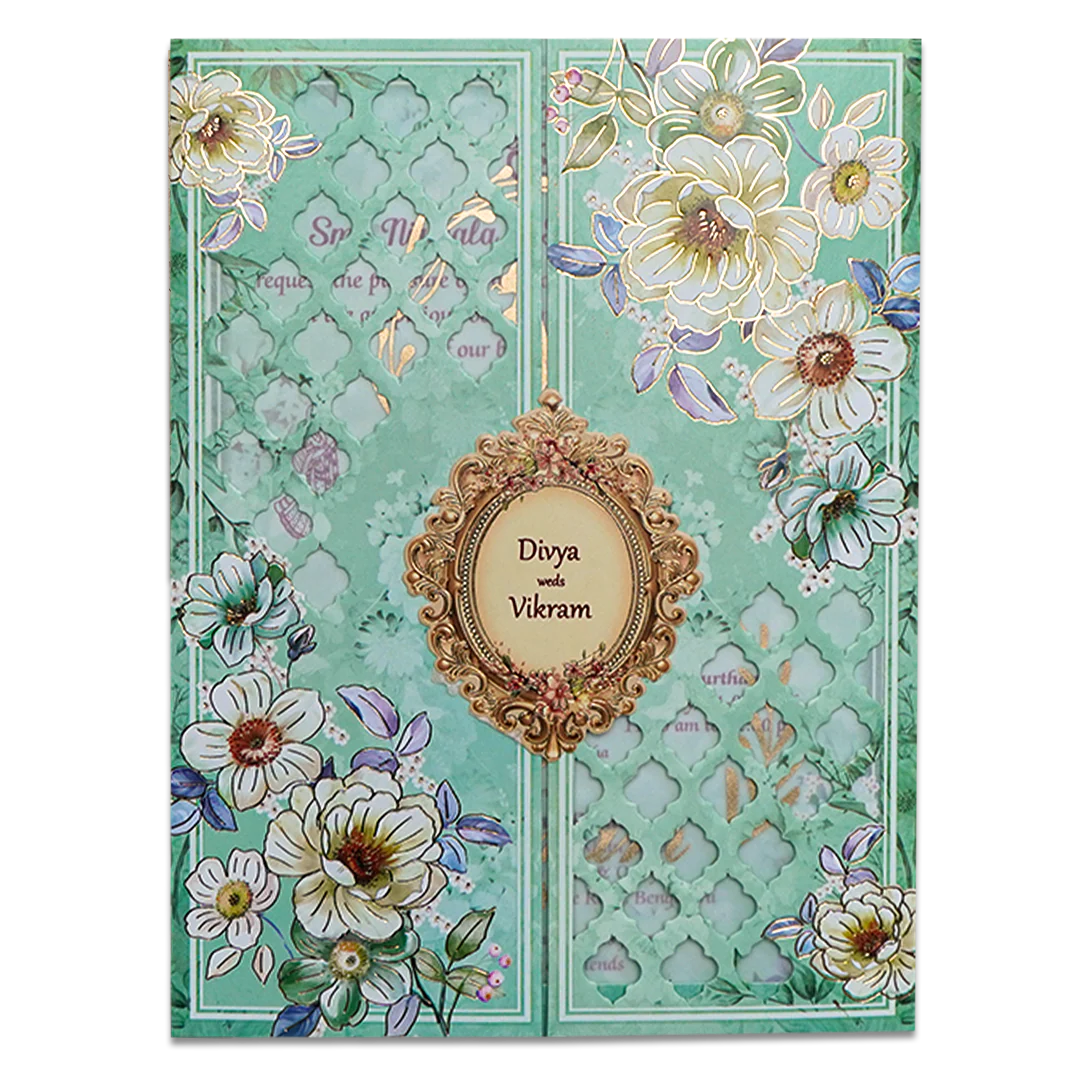 Mint Green Floral Laser Cut Wedding Card-KNNO7401 - Image 3