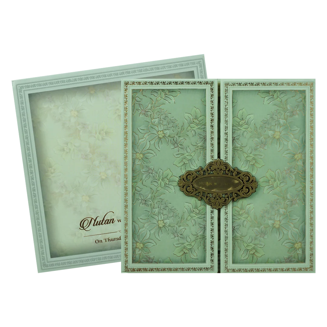 Mint Green Gold Floral Padded Wedding Card-KRE28050 - Image 2