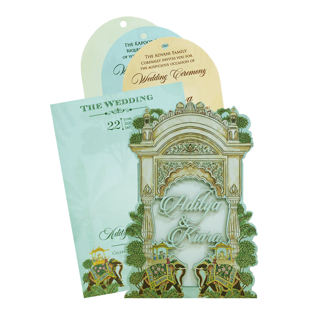 Mint Green Palace Elephant Laser Cut Wedding Card - KFR15130