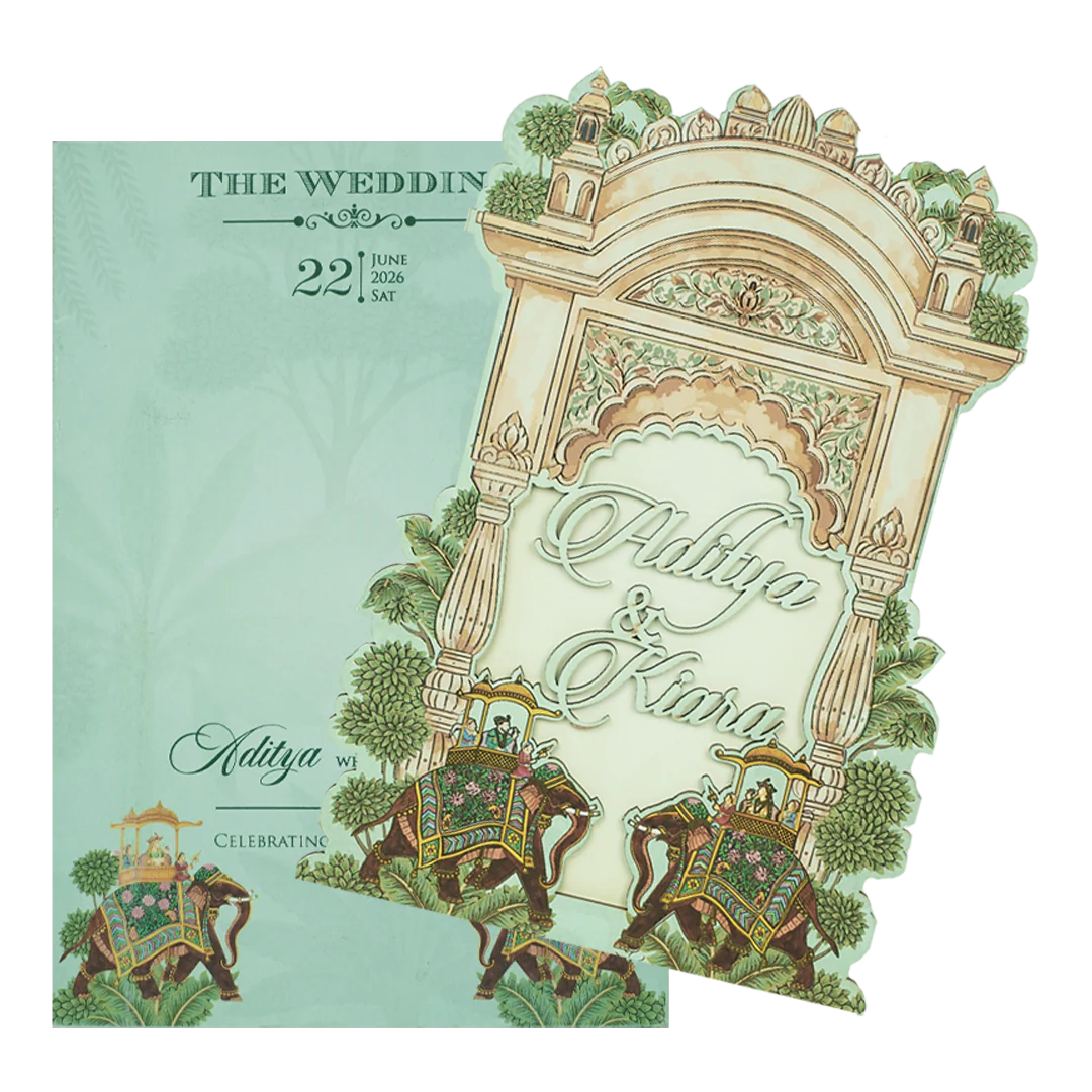 Mint Green Palace Elephant Laser Cut Wedding Card - KFR15130 - Image 2