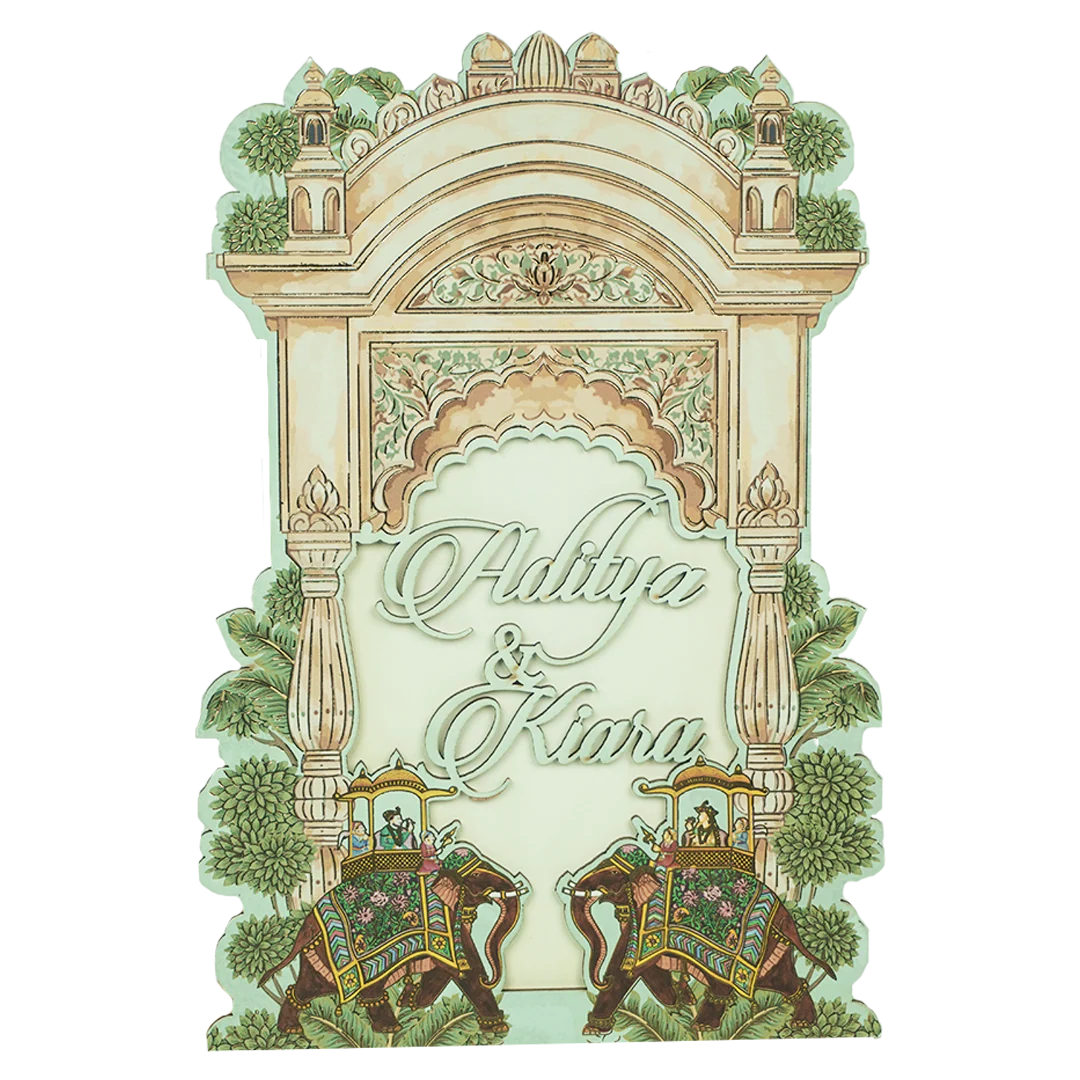 Mint Green Palace Elephant Laser Cut Wedding Card - KFR15130 - Image 3