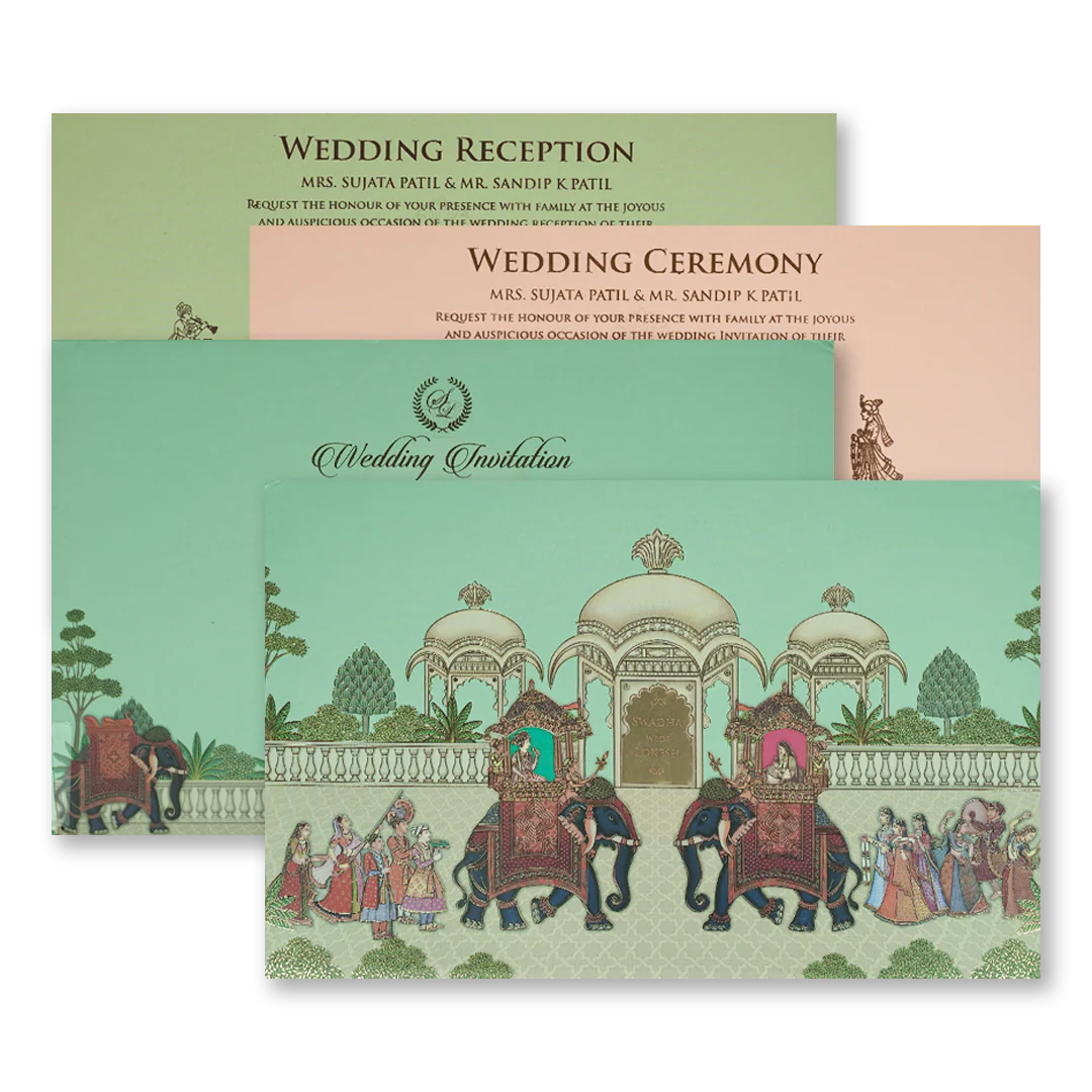 Mint Green Palace Elephant Padded Wedding Card-KRE27150