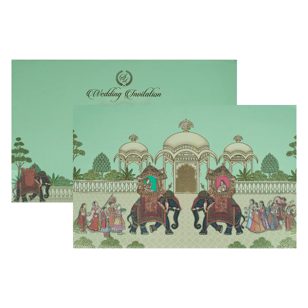 Mint Green Palace Elephant Padded Wedding Card-KRE27150 - Image 2