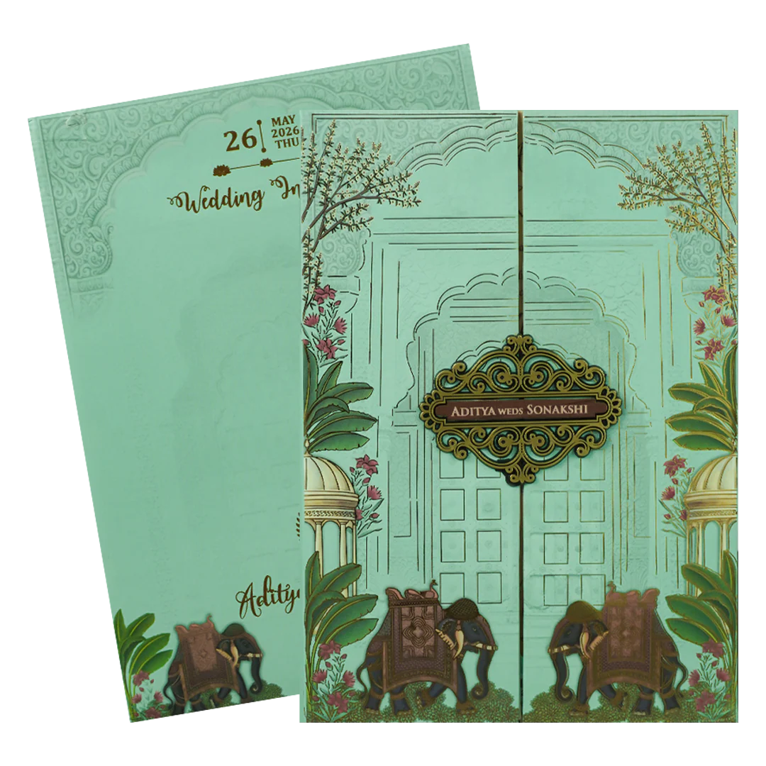 Mint Green Royal Palace Padded Wedding Card-KRE27220 - Image 2