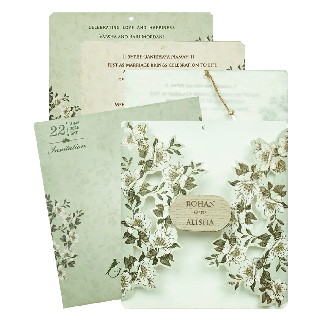 Mint Green White Floral Laser Cut Wedding Card-KFR16170