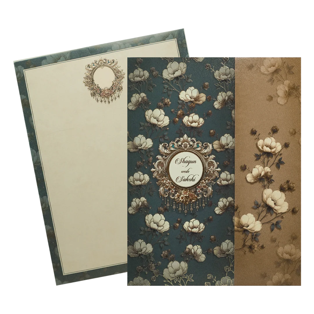 Navy Blue Floral Gatefold Wedding Card-KAK01090 - Image 2