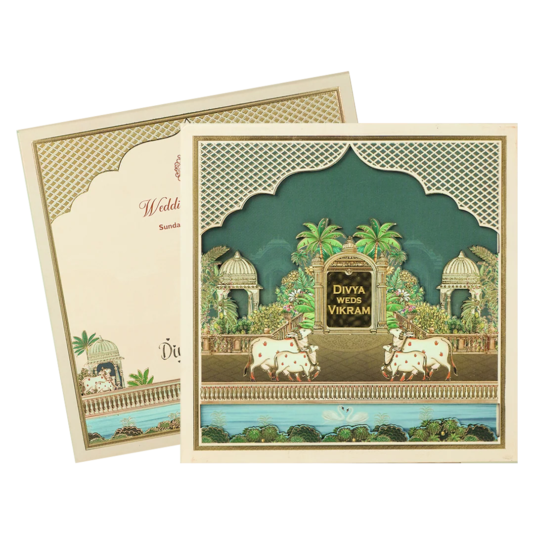 Navy Blue Kamadhenu Cow Padded Wedding Card-KNAM4901 - Image 2