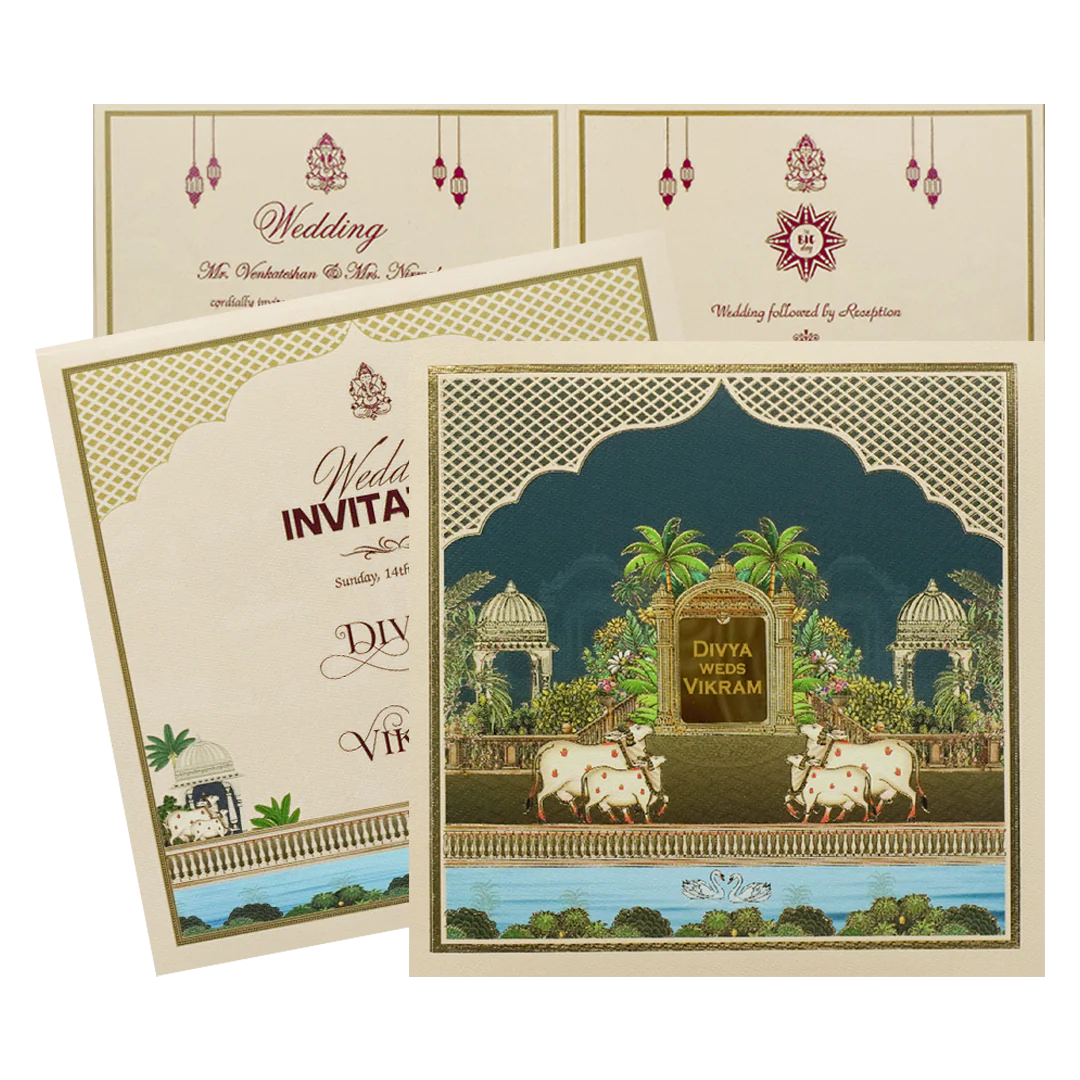 Blue Floral Kamadhenu Wedding Card-KNKD8113