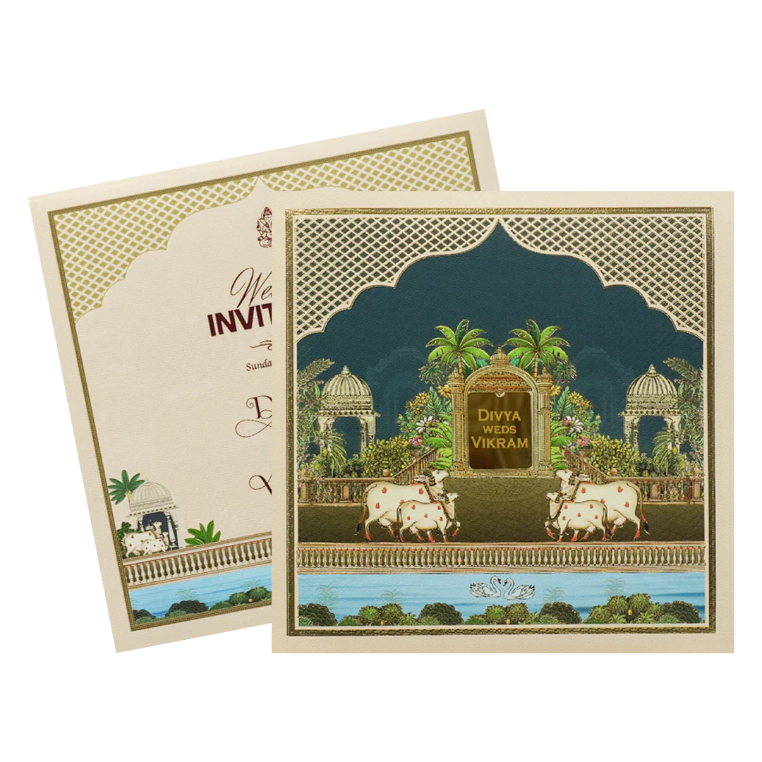Blue Floral Kamadhenu Wedding Card-KNKD8113 - Image 2