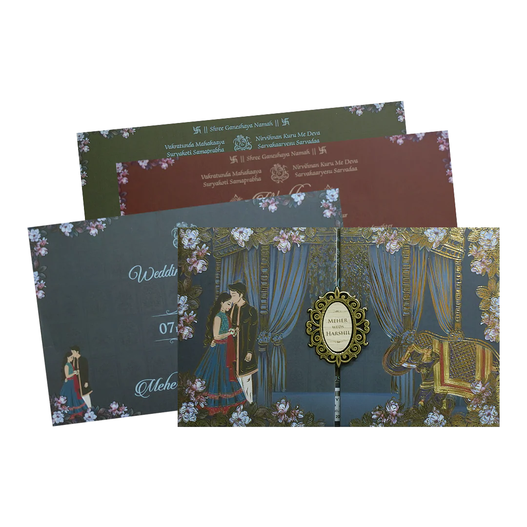 Navy Blue Padded Royal Curtain Wedding Invitation - KVN07440