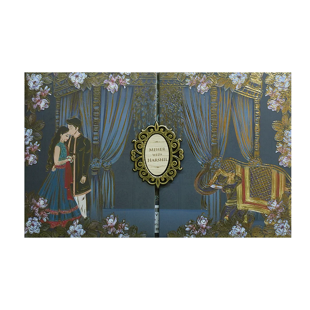 Navy Blue Padded Royal Curtain Wedding Invitation - KVN07440 - Image 3