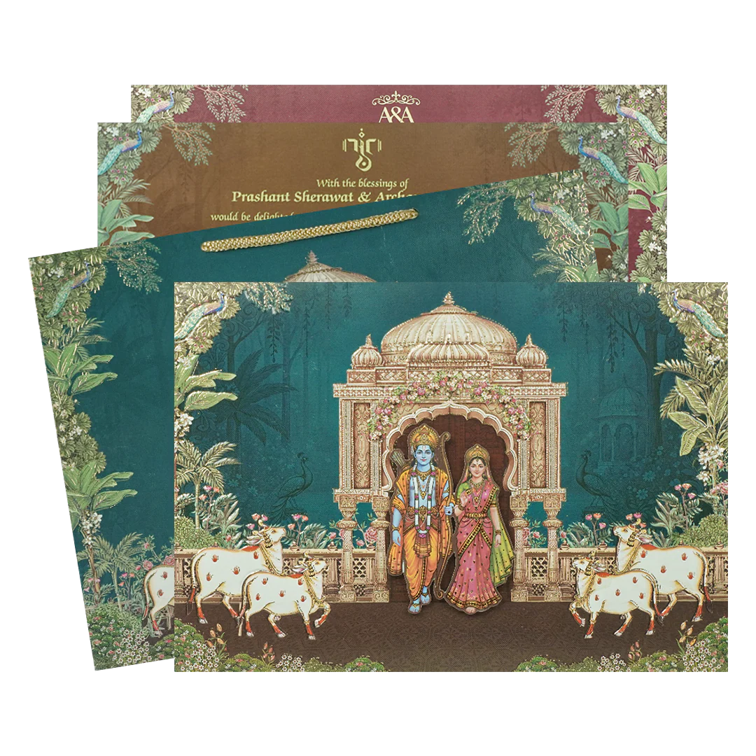 Navy Blue Ram Sita Mandir Bag Style Wedding Card-KSI6517R