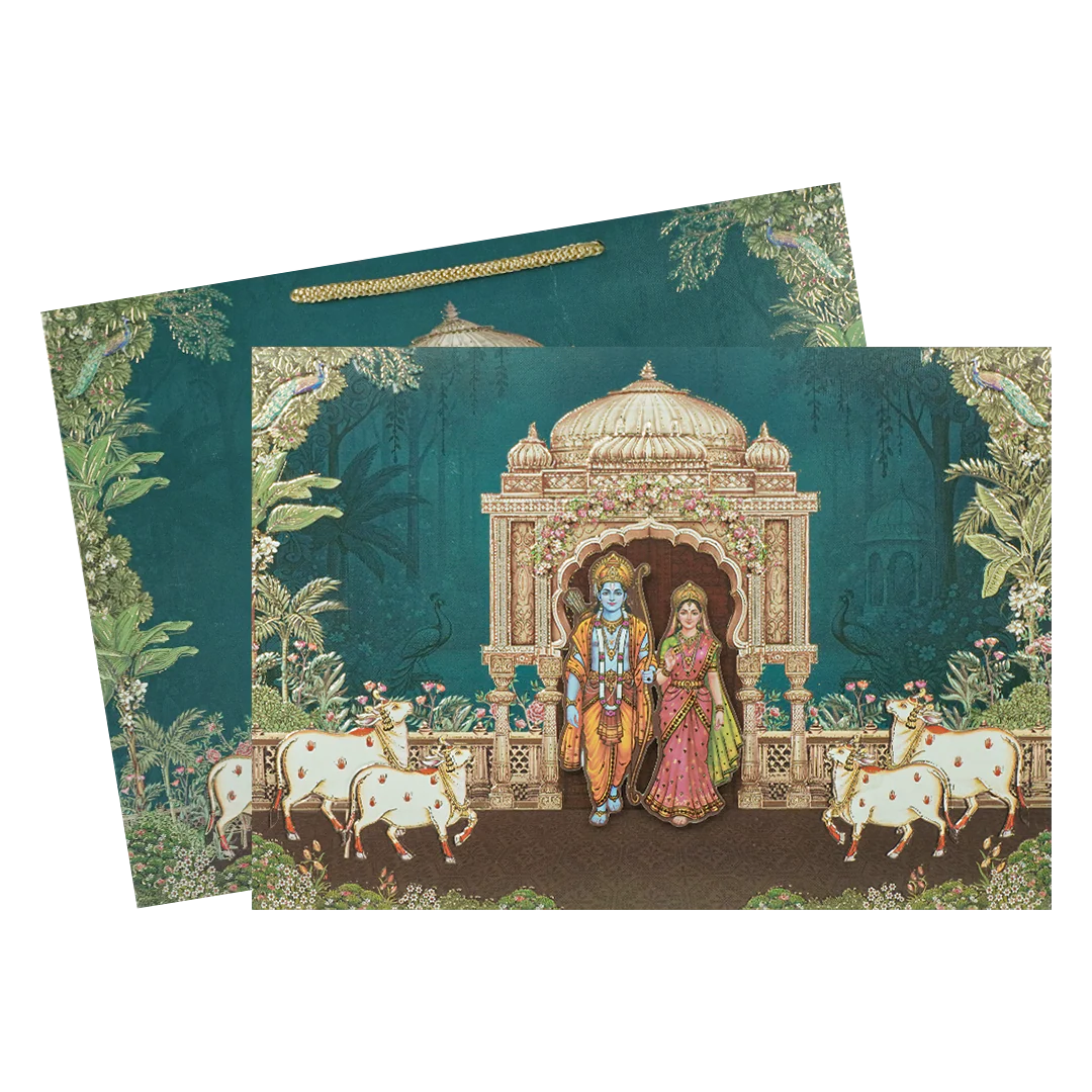 Navy Blue Ram Sita Mandir Bag Style Wedding Card-KSI6517R - Image 2