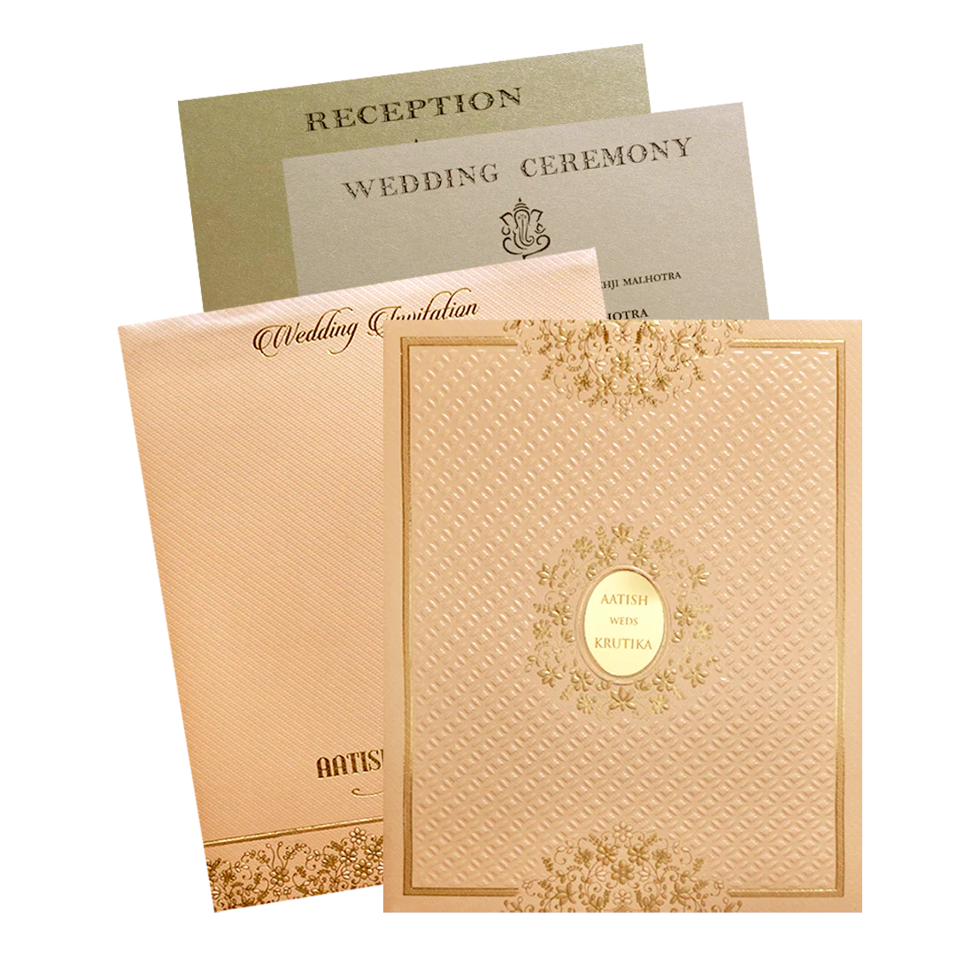 Orange Gold Embossed Floral Padded Wedding Card-KMMWD1136