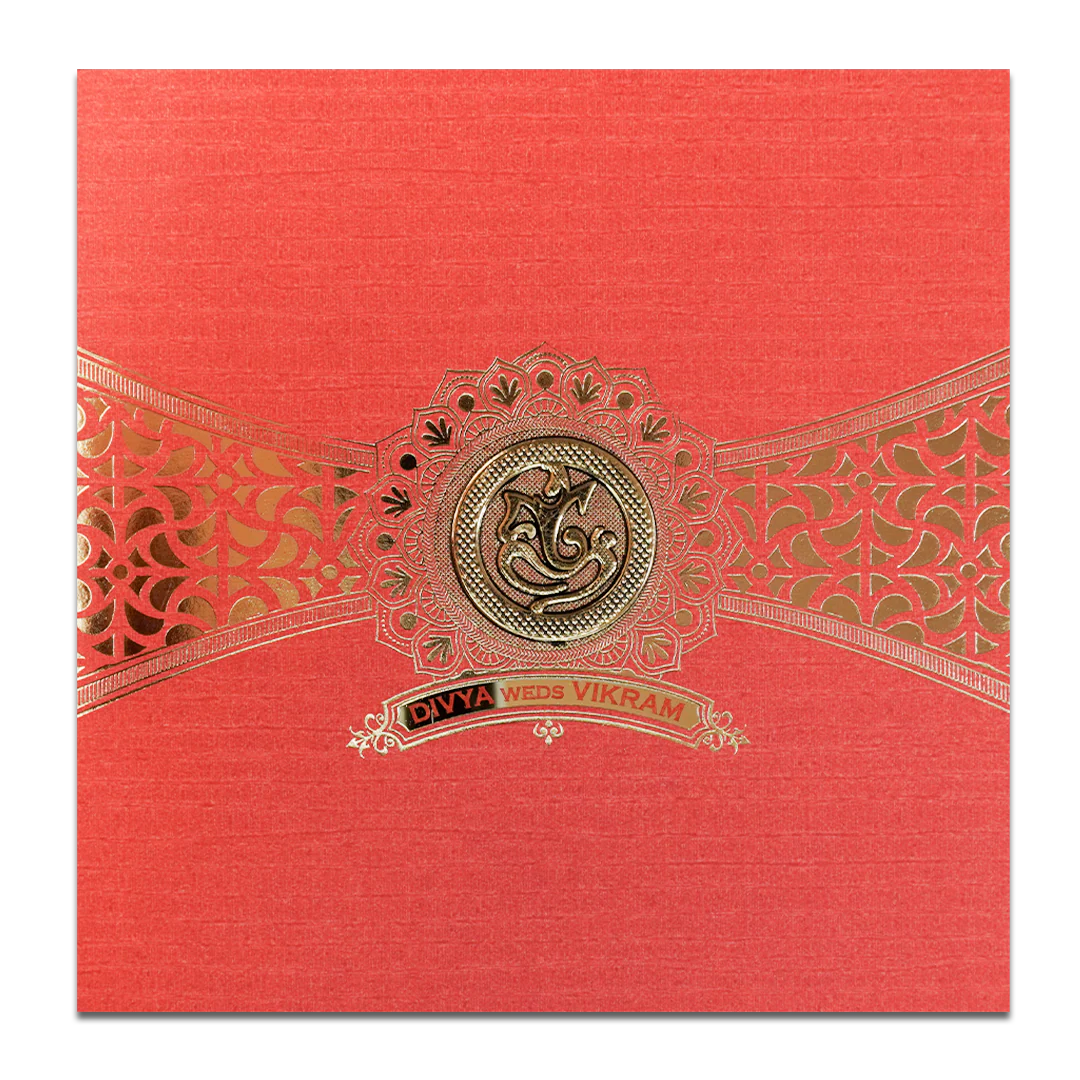 Orange Gold Ganesha Wedding Card-KNBP902L - Image 3