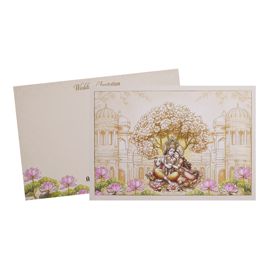 Orange Radha Krishna Palace Padded Wedding Card - KMMWD1145 - Image 2