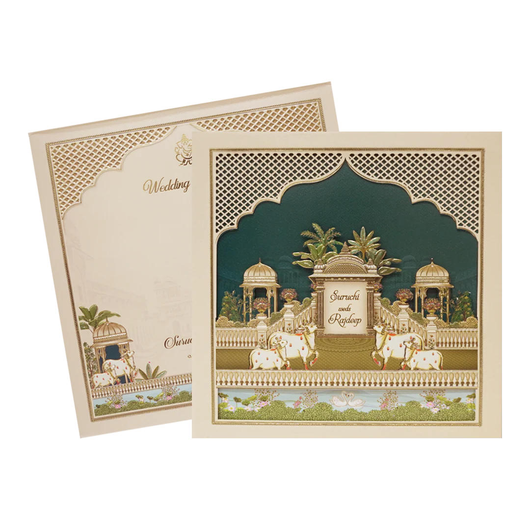 Palace Cream & Blue Padded Wedding Card-KMMEX8070 - Image 2