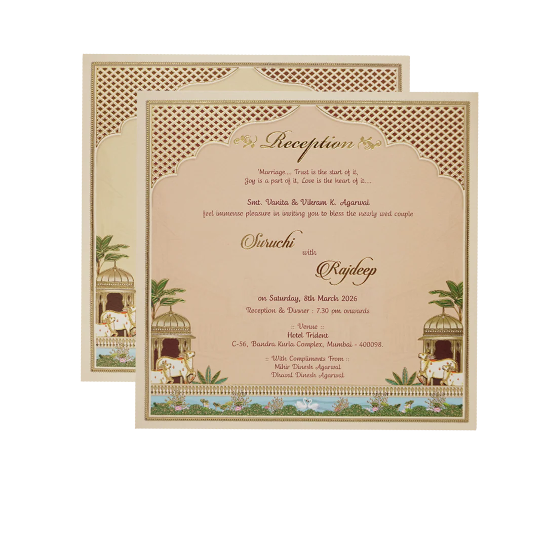 Palace Cream & Blue Padded Wedding Card-KMMEX8070 - Image 5
