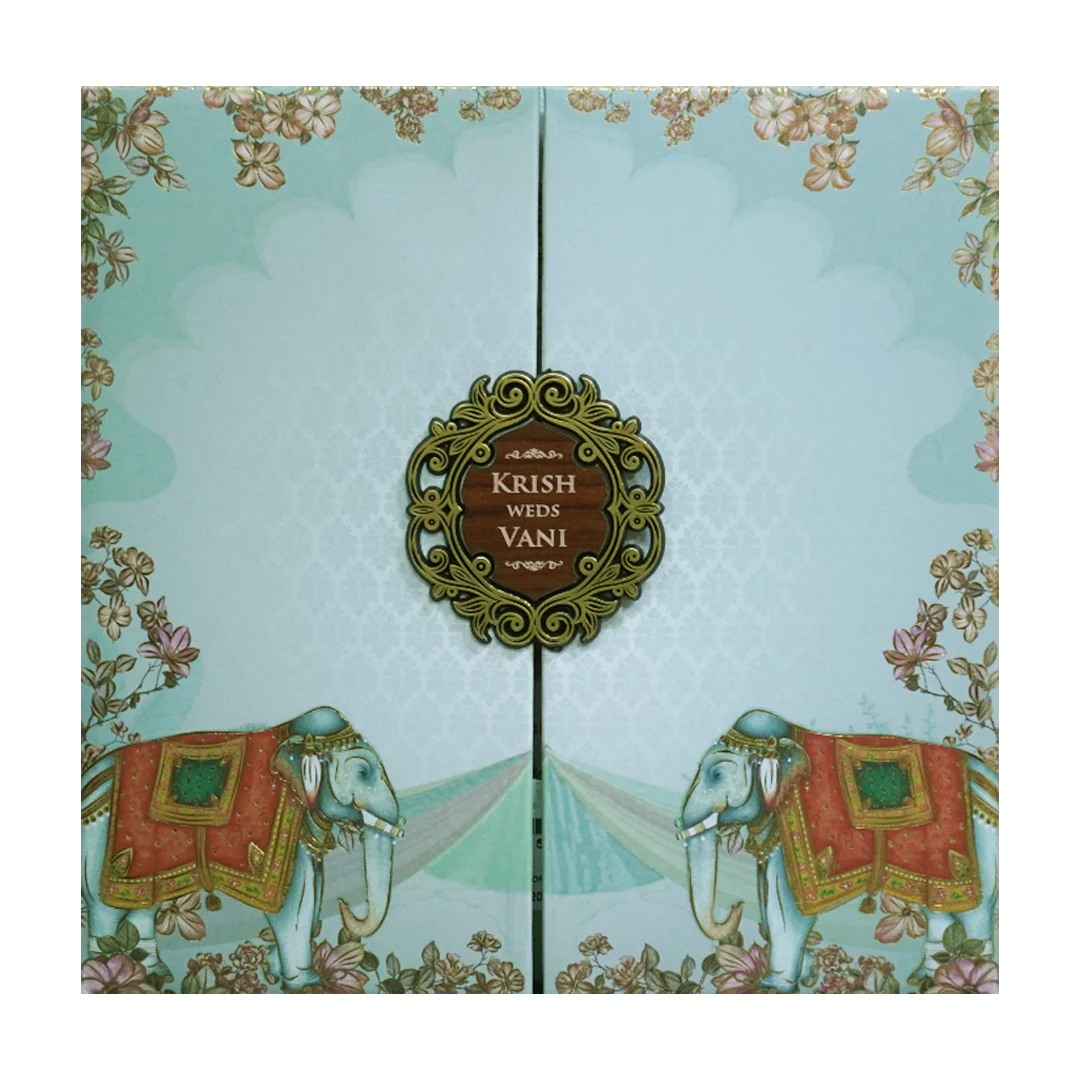 Pastel Blue Elephant Door Padded Wedding Card - KVN07540 - Image 3