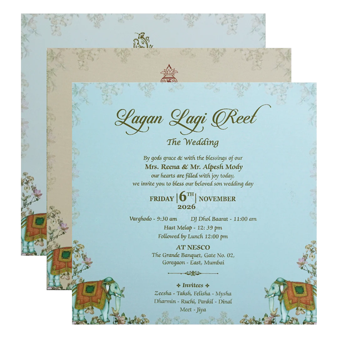 Pastel Blue Elephant Door Padded Wedding Card - KVN07540 - Image 5