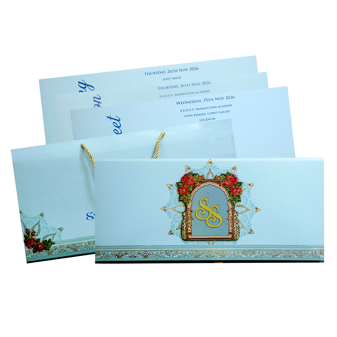 Pastel Blue Floral Arch Luxe Wedding Card-KPR24860