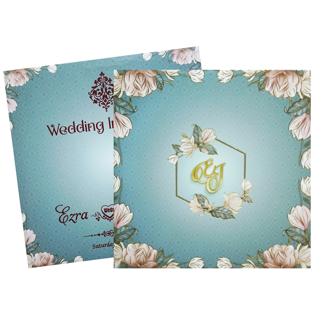 Pastel Blue Floral Envelope Padded Invitation Card - KVN07480 - Image 4