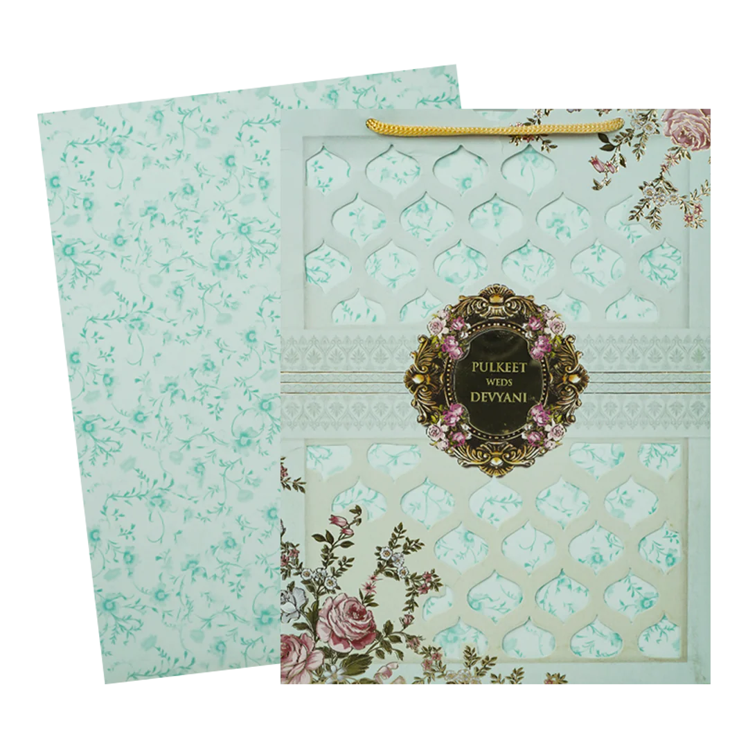 Pastel Blue Floral Jaali Bag Wedding Card-KJTS1838 - Image 2