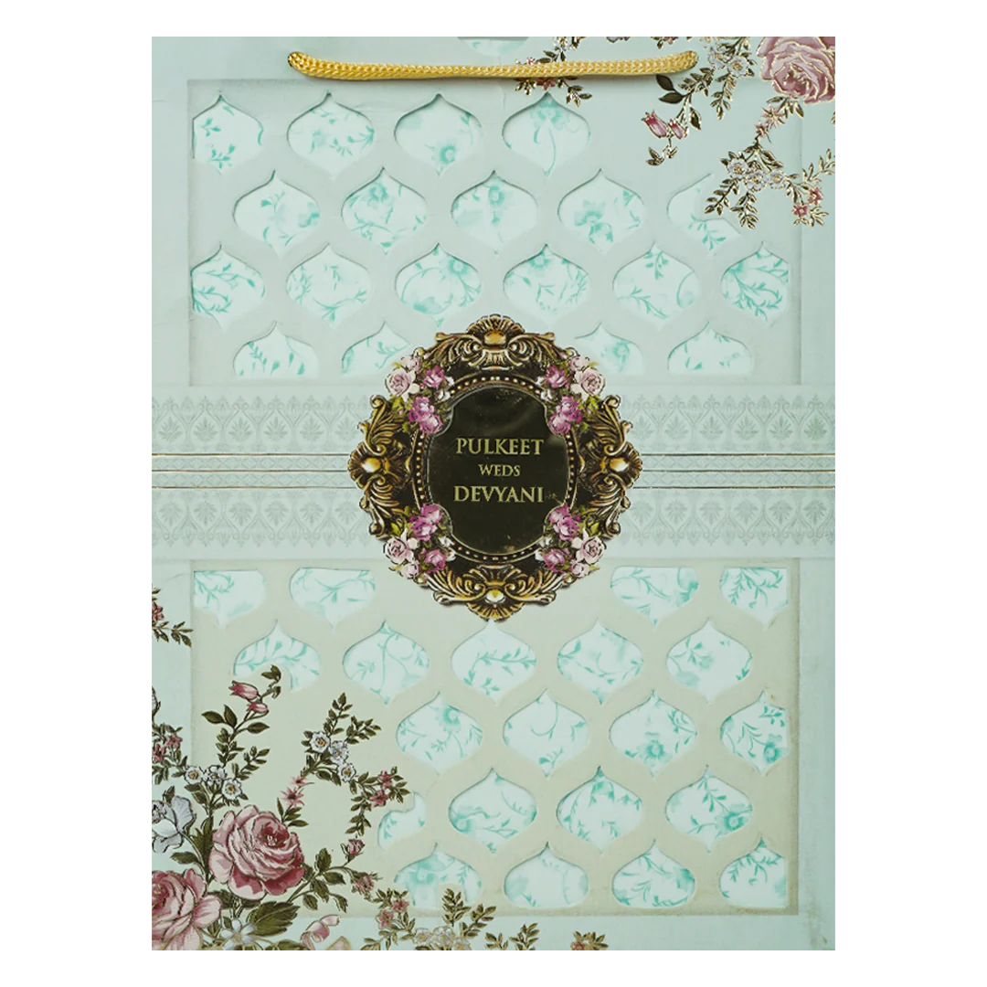 Pastel Blue Floral Jaali Bag Wedding Card-KJTS1838 - Image 3