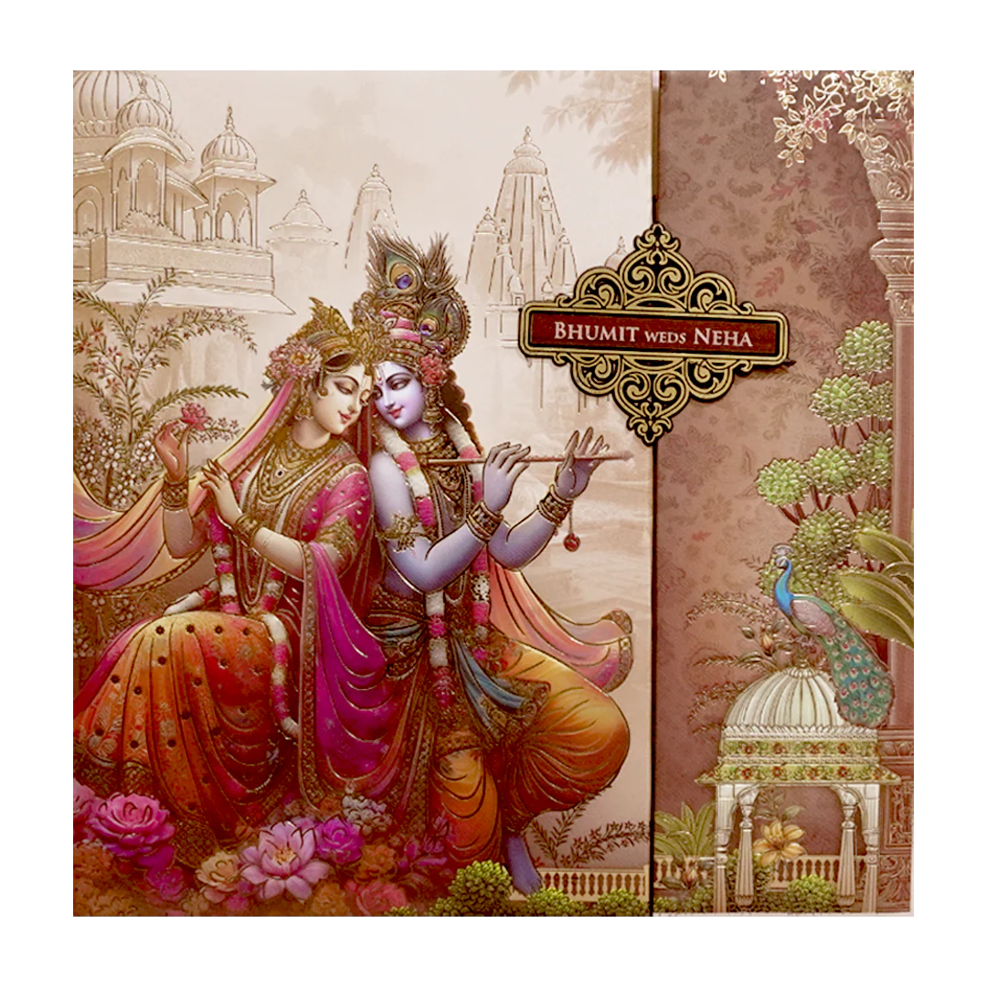 Pastel Brown Krishna Radha Padded Wedding Card - KSH72820 - Image 3