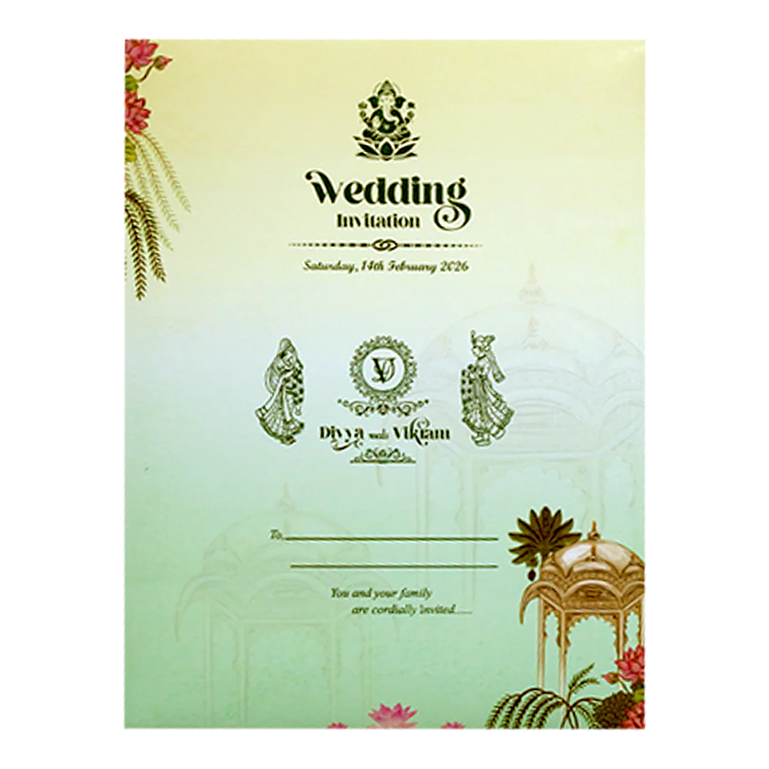 Pastel Green Lotus Pavilion Wedding Card-KNTY6808 - Image 4