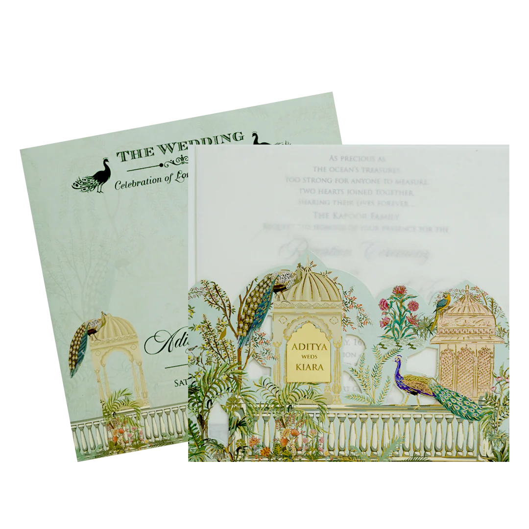 Pastel Green Peacock Dome Wedding Card-KFR15200 - Image 2
