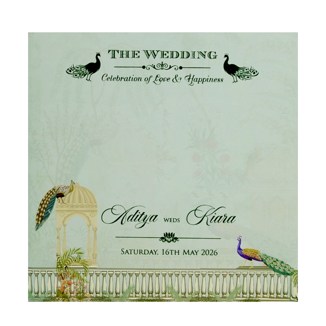 Pastel Green Peacock Dome Wedding Card-KFR15200 - Image 4