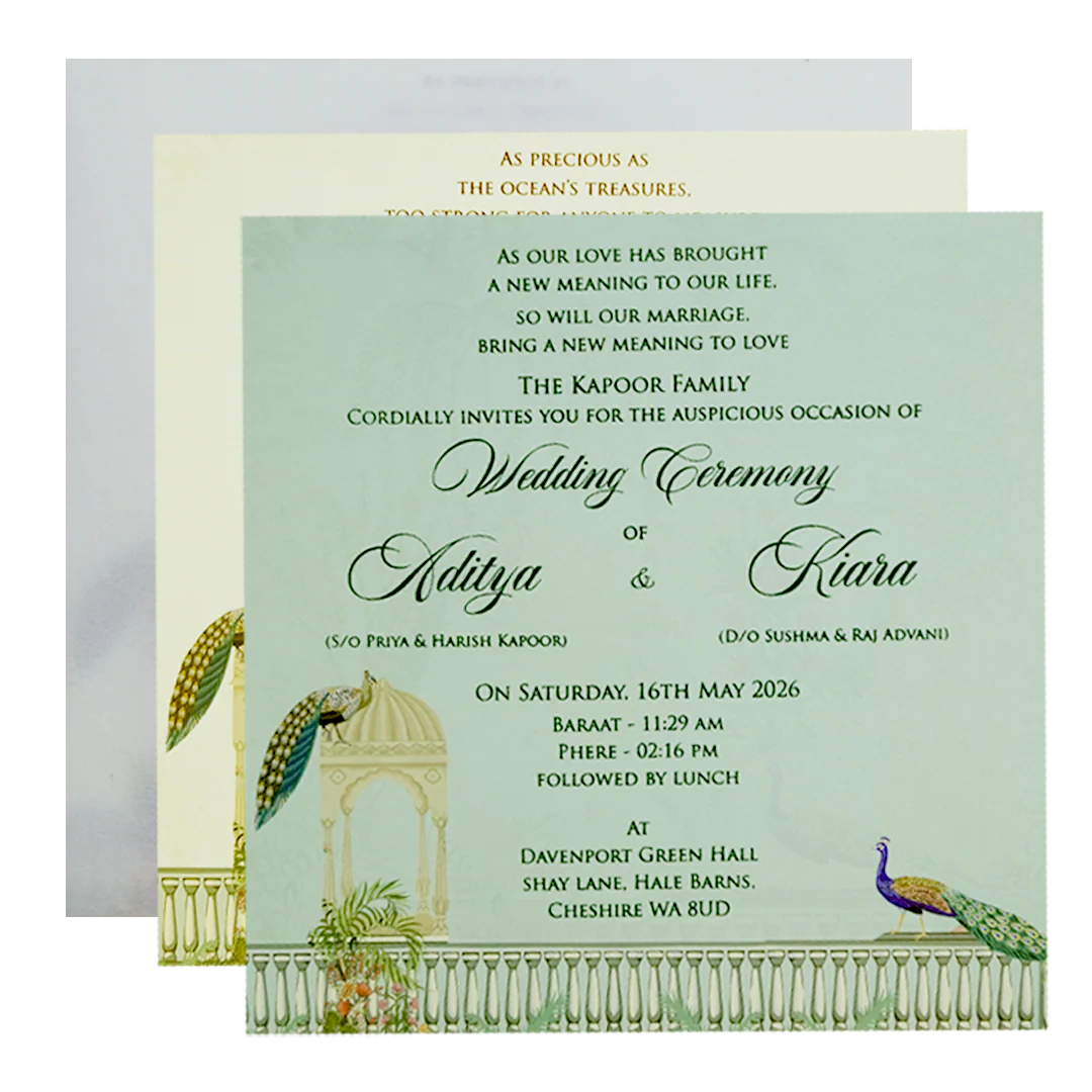 Pastel Green Peacock Dome Wedding Card-KFR15200 - Image 5
