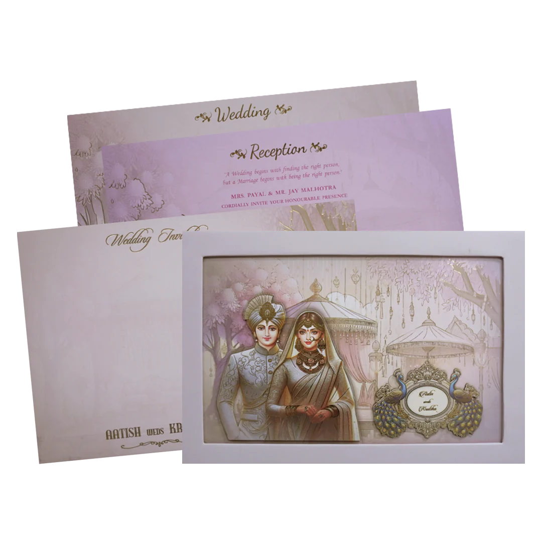 Pastel Lavender Modern Couple Peacock Laser Cut Padded Wedding Card -KMMEX8190