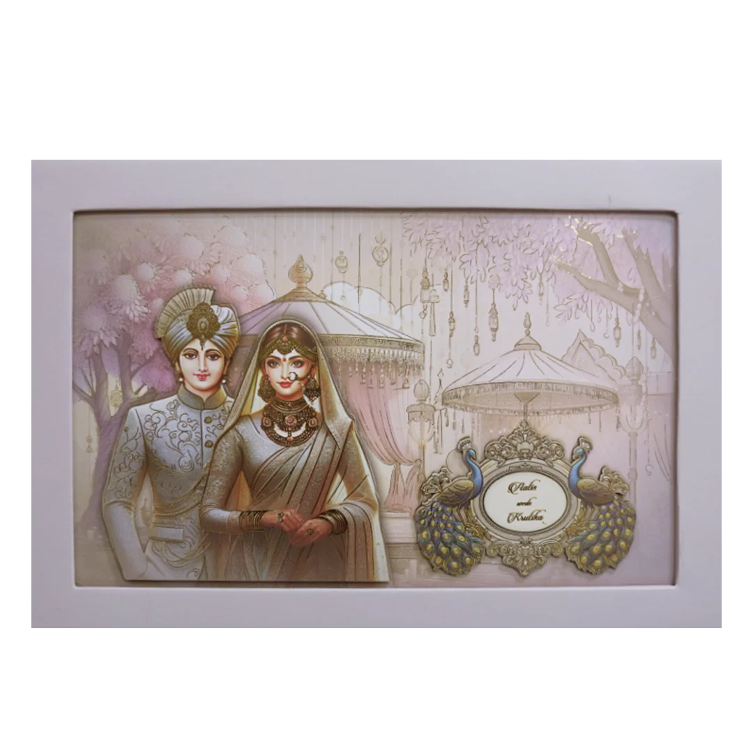 Pastel Lavender Modern Couple Peacock Laser Cut Padded Wedding Card -KMMEX8190 - Image 3