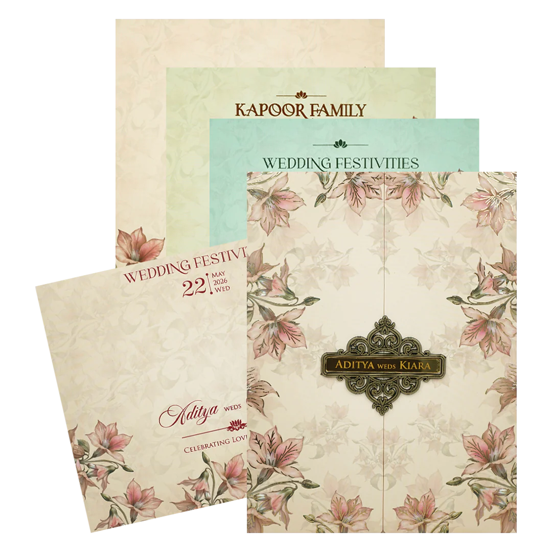 Pastel Peach Lily Floral Padded Wedding Card-KFR16280