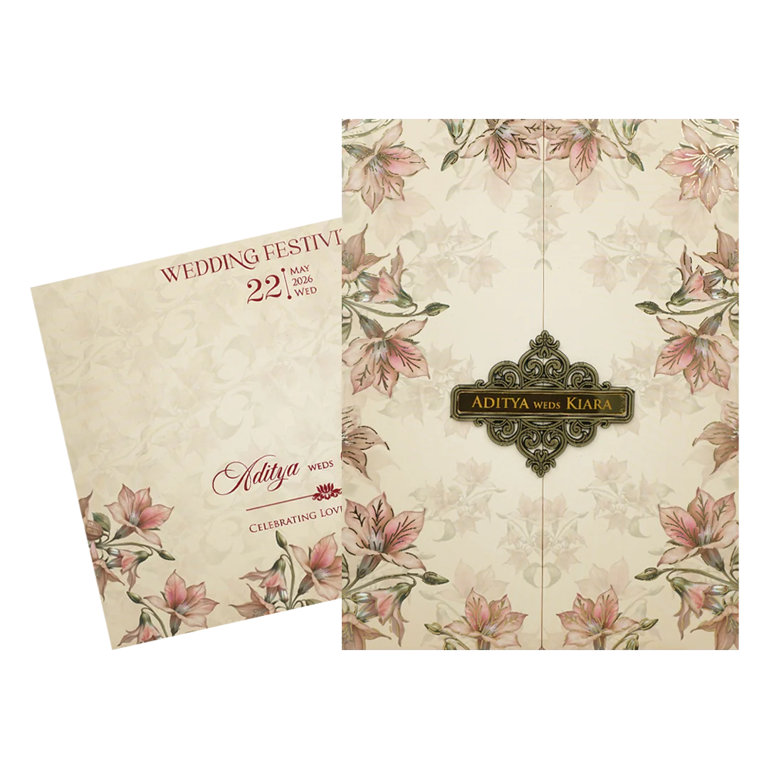 Pastel Peach Lily Floral Padded Wedding Card-KFR16280 - Image 2