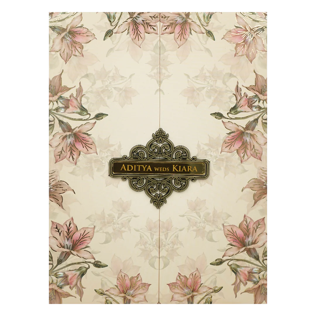 Pastel Peach Lily Floral Padded Wedding Card-KFR16280 - Image 3