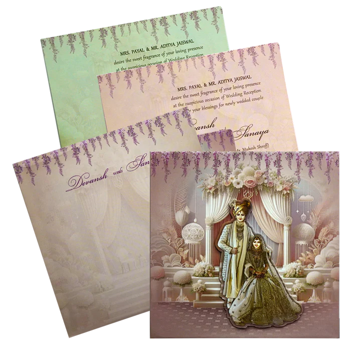 Pastel Pink Bride Groom Padded Invitation Card-KRC30530
