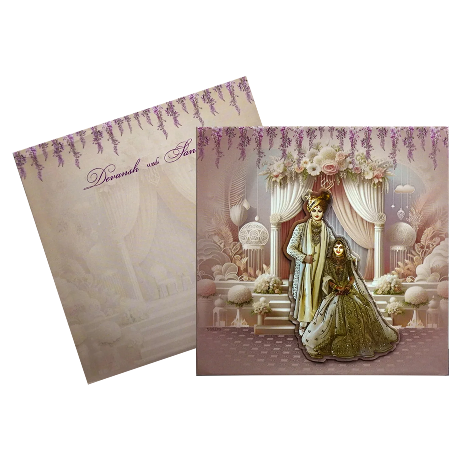 Pastel Pink Bride Groom Padded Invitation Card-KRC30530 - Image 2