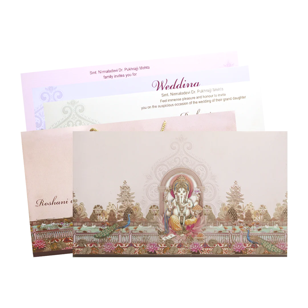 Pastel Pink Ganesh Peacock Wedding Invitation Card-KPR24630