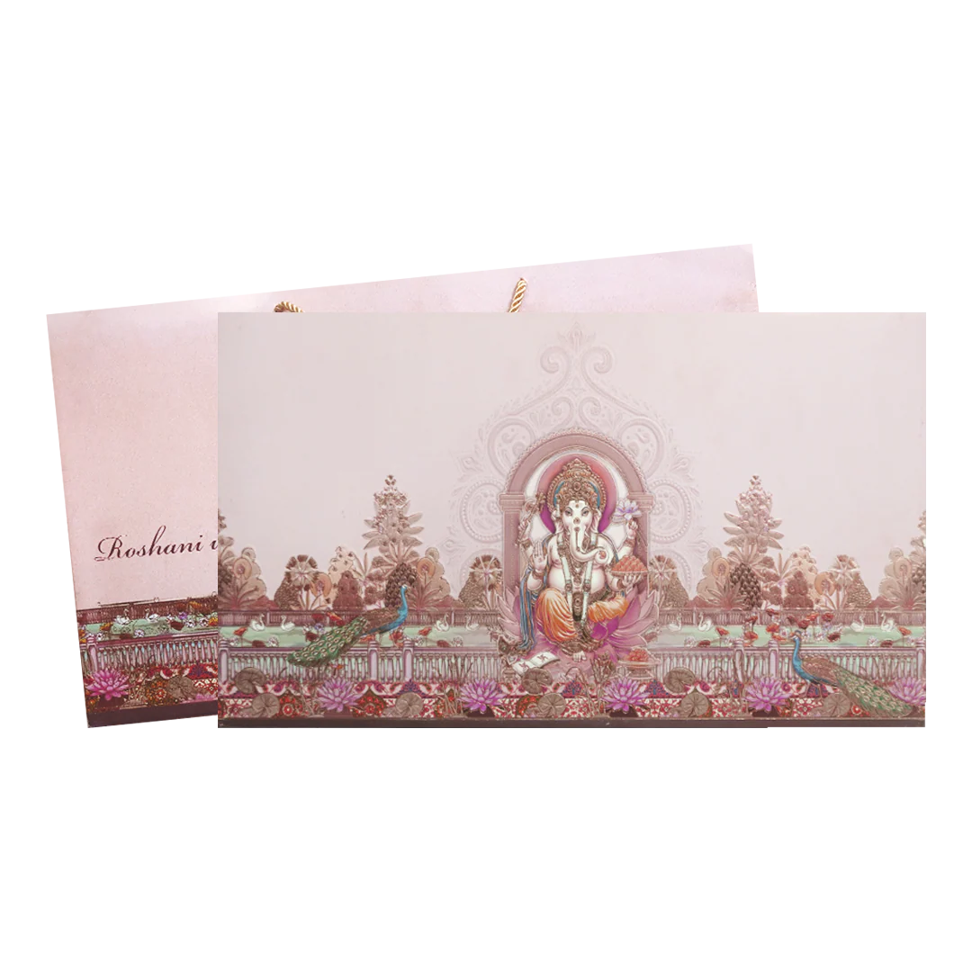 Pastel Pink Ganesh Peacock Wedding Invitation Card-KPR24630 - Image 2