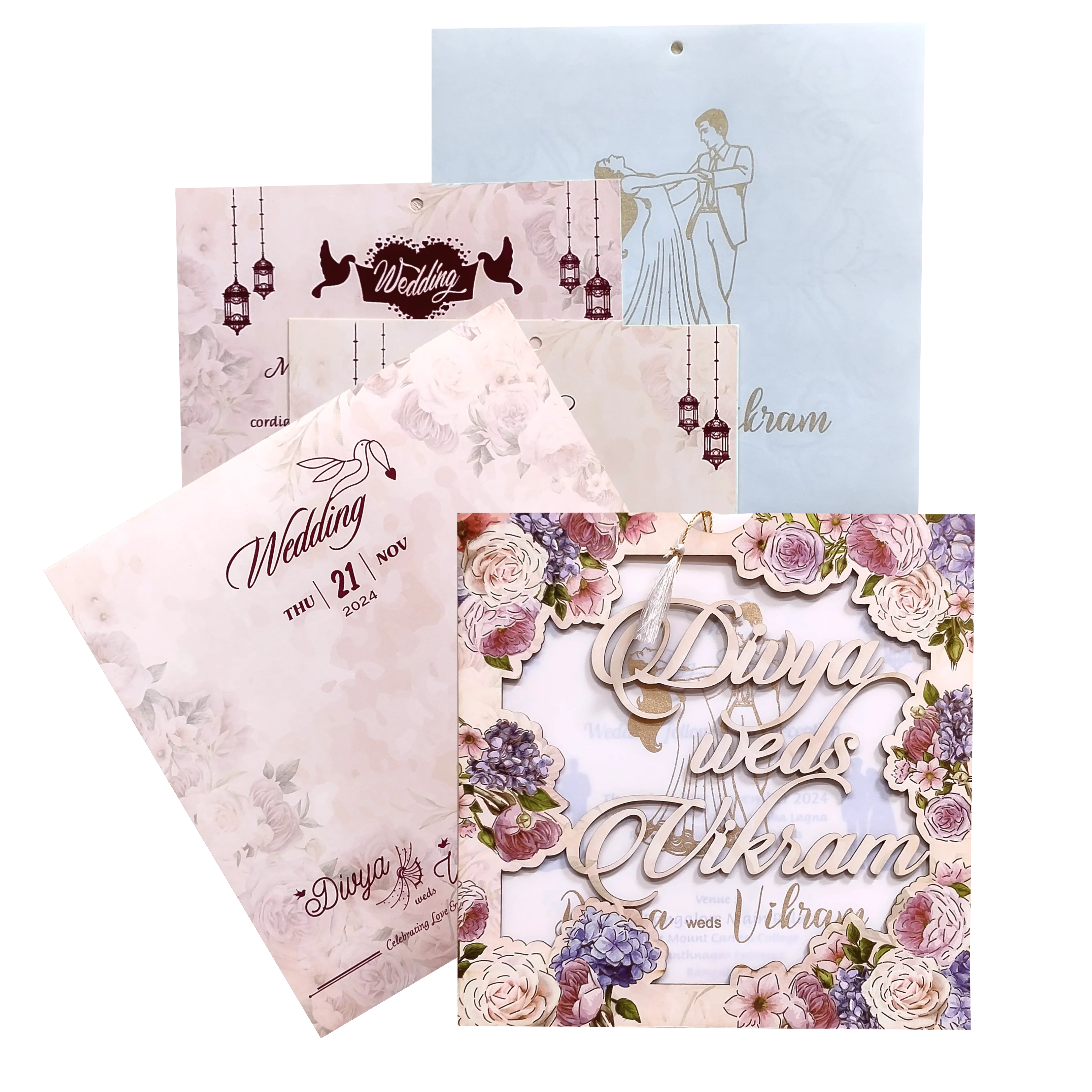 Peach Floral MDF Laser Cut Wedding Card-KNPL5804