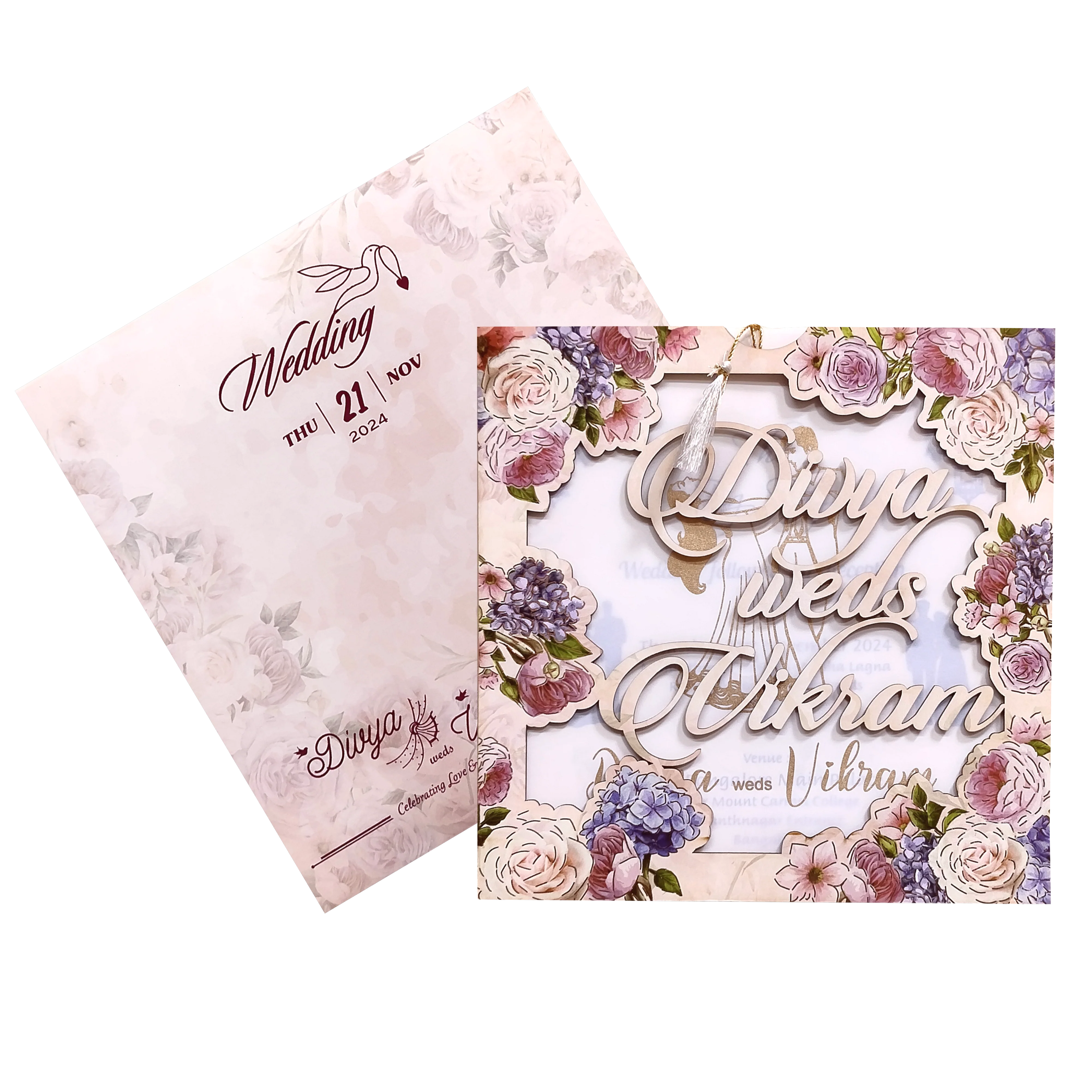 Peach Floral MDF Laser Cut Wedding Card-KNPL5804 - Image 2