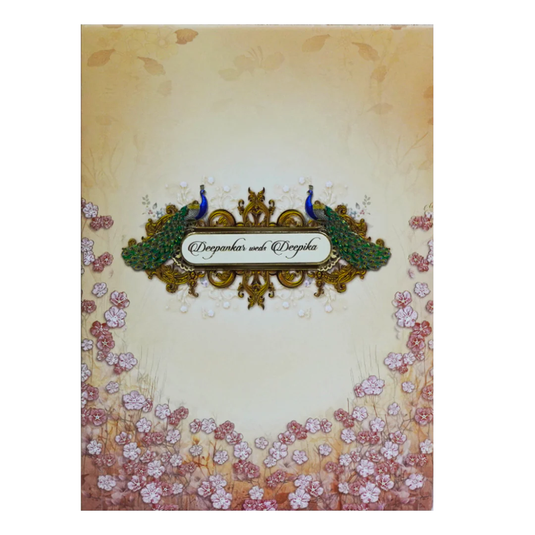 Peach Floral Peacock Padded Invitation Card-KAC05360 - Image 3