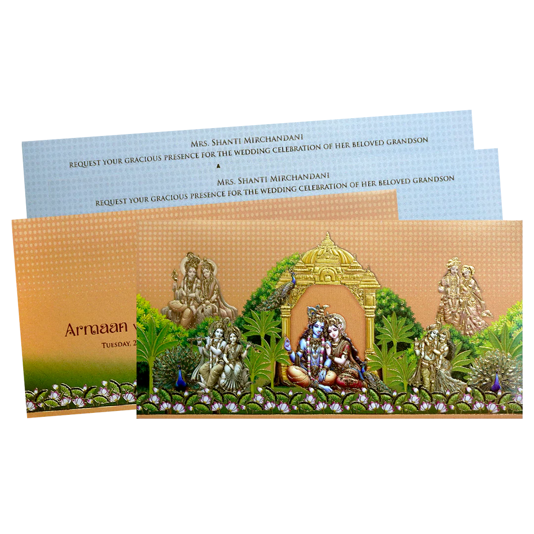 Peach Gold Embossed Radha Krishna Wedding Invitation Card-KPR06470