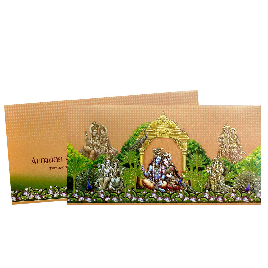 Peach Gold Embossed Radha Krishna Wedding Invitation Card-KPR06470 - Image 2
